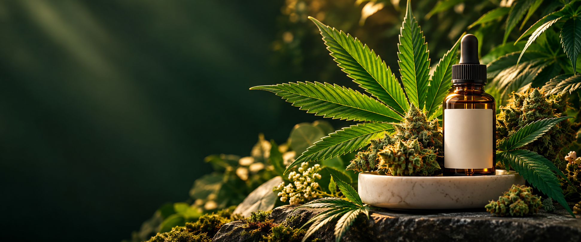 Feuilles de chanvre et flacon de soin CBD